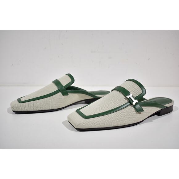 Hermes Groupie Mule Cactus Green Leather Canvas Backless Mule Slide Flat 37 - Picture 9 of 12